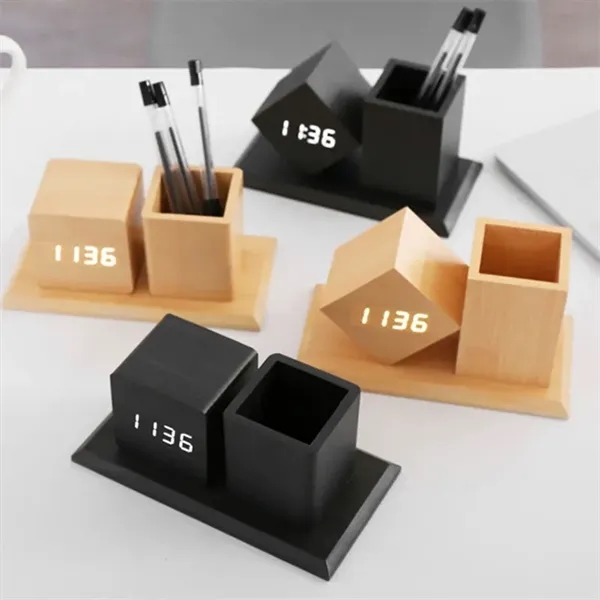 LED Wooden Clock with Pen Holder - LED Wooden Clock with Pen Holder - Image 4 of 14