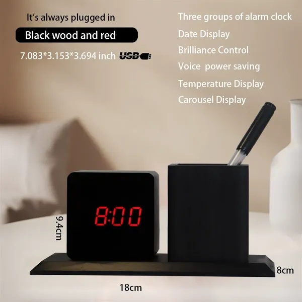 LED Wooden Clock with Pen Holder - LED Wooden Clock with Pen Holder - Image 5 of 14