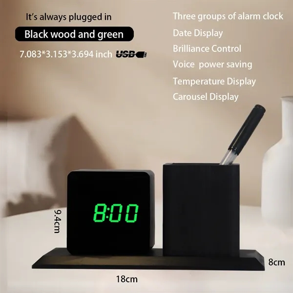 LED Wooden Clock with Pen Holder - LED Wooden Clock with Pen Holder - Image 6 of 14