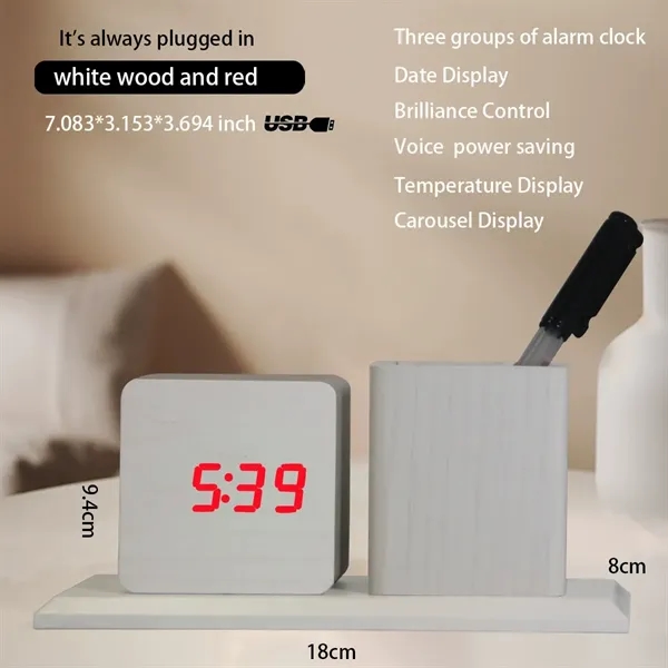 LED Wooden Clock with Pen Holder - LED Wooden Clock with Pen Holder - Image 7 of 14