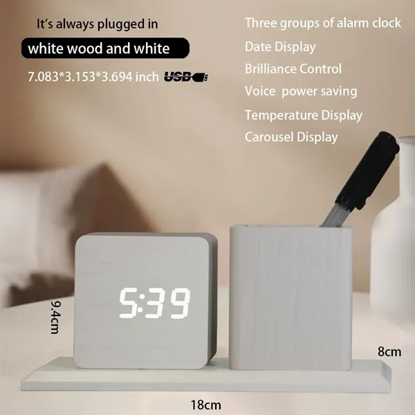 LED Wooden Clock with Pen Holder - LED Wooden Clock with Pen Holder - Image 9 of 14