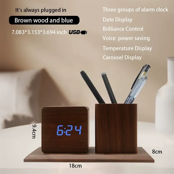 LED Wooden Clock with Pen Holder - LED Wooden Clock with Pen Holder - Image 10 of 14