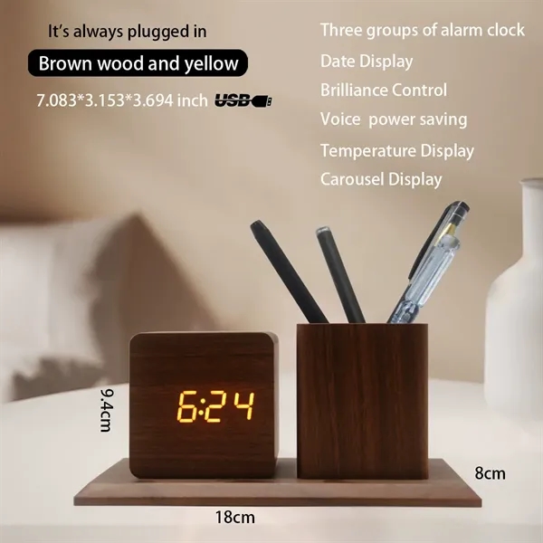 LED Wooden Clock with Pen Holder - LED Wooden Clock with Pen Holder - Image 11 of 14