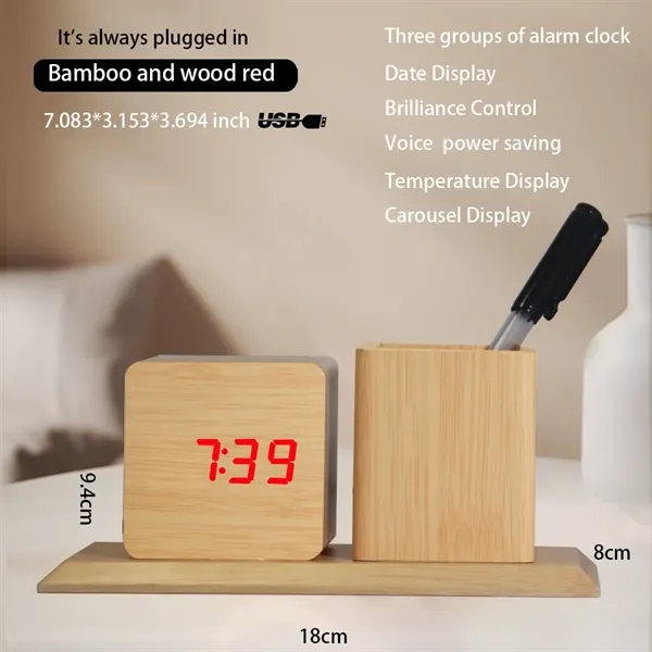 LED Wooden Clock with Pen Holder - LED Wooden Clock with Pen Holder - Image 12 of 14