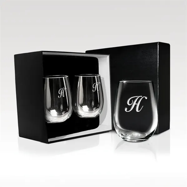 Stemless White Wine Glass Set - 17 oz Sand Etched w/ Giftbox