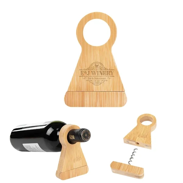 Bamboo Wine Bottle Stand With Corkscrew - Bamboo Wine Bottle Stand With Corkscrew - Image 1 of 2