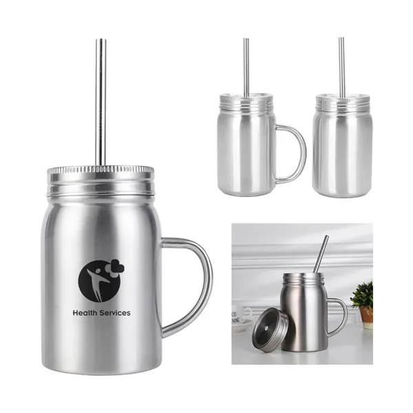 16 Oz Double Wall Insulated Mason Jar with Handle  Lid Straw - 16 Oz Double Wall Insulated Mason Jar with Handle  Lid Straw - Image 0 of 6