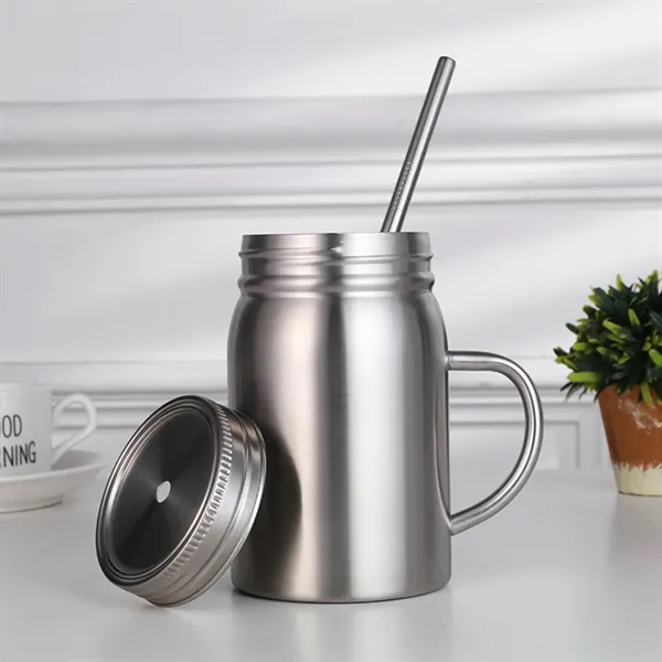 16 Oz Double Wall Insulated Mason Jar with Handle  Lid Straw - 16 Oz Double Wall Insulated Mason Jar with Handle  Lid Straw - Image 2 of 6