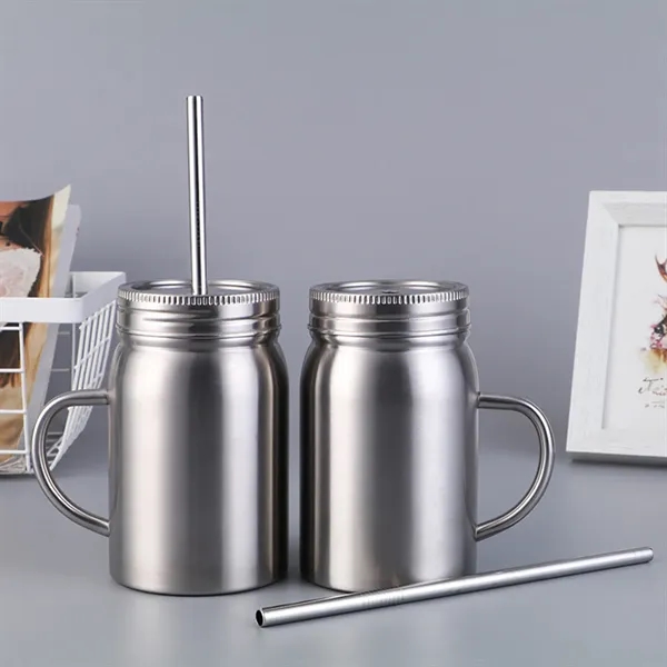 16 Oz Double Wall Insulated Mason Jar with Handle  Lid Straw - 16 Oz Double Wall Insulated Mason Jar with Handle  Lid Straw - Image 5 of 6