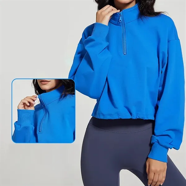 Women's Casual  Zipper Crop Sweatshirt - Women's Casual  Zipper Crop Sweatshirt - Image 1 of 10