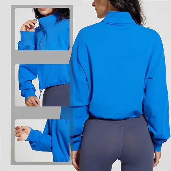 Women's Casual  Zipper Crop Sweatshirt - Women's Casual  Zipper Crop Sweatshirt - Image 2 of 10