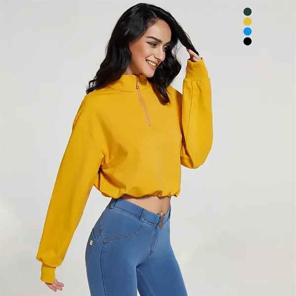 Women's Casual  Zipper Crop Sweatshirt - Women's Casual  Zipper Crop Sweatshirt - Image 3 of 10