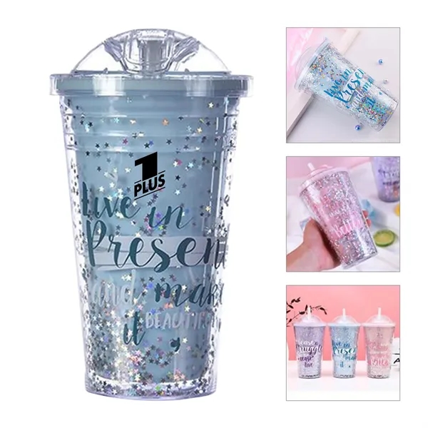 450ml Glitter Plastic Straw Cup - 450ml Glitter Plastic Straw Cup - Image 0 of 3