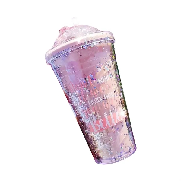 450ml Glitter Plastic Straw Cup - 450ml Glitter Plastic Straw Cup - Image 2 of 3