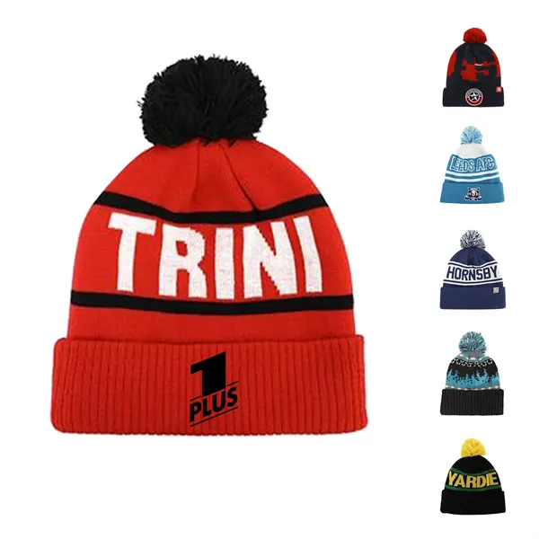 Two Tone Knit Pom Beanie With Cuff - Two Tone Knit Pom Beanie With Cuff - Image 0 of 3