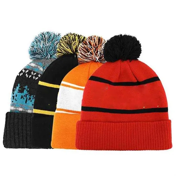 Two Tone Knit Pom Beanie With Cuff - Two Tone Knit Pom Beanie With Cuff - Image 2 of 3