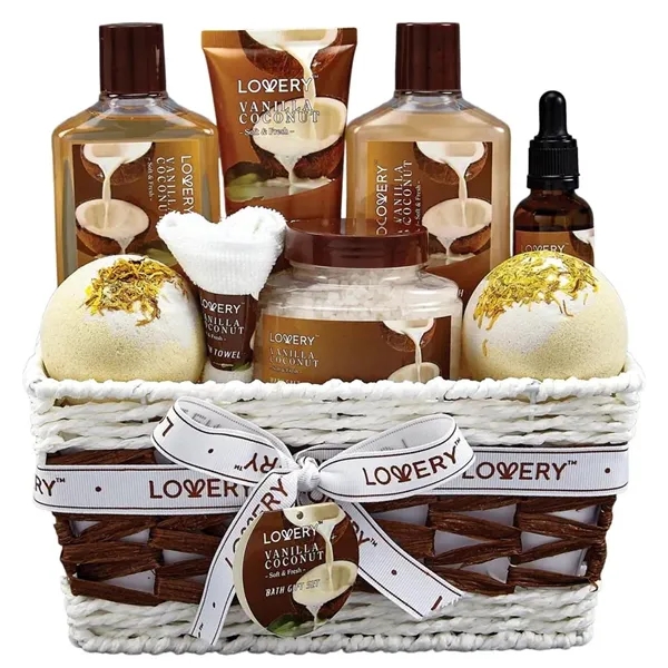 Vanilla Coconut Luxury Bath Gift Set - 9Pc Home Spa Basket - Vanilla Coconut Luxury Bath Gift Set - 9Pc Home Spa Basket - Image 0 of 0