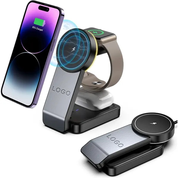 Foldable Magnetic 3-in-1 Wireless Fast Charging Stand - Foldable Magnetic 3-in-1 Wireless Fast Charging Stand - Image 0 of 10