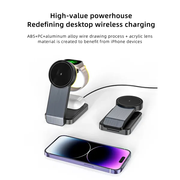Foldable Magnetic 3-in-1 Wireless Fast Charging Stand - Foldable Magnetic 3-in-1 Wireless Fast Charging Stand - Image 3 of 10