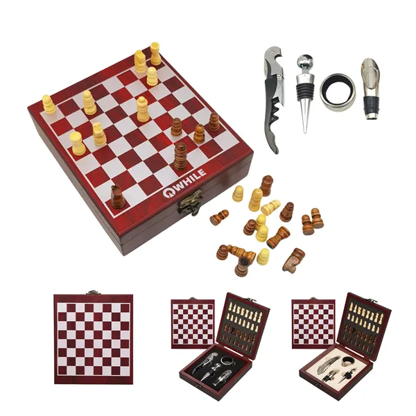 Black Wooden Box Wine Accessories Chess Set