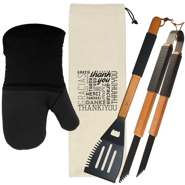 Wood BBQ Set with Mitt - Thank You - Wood BBQ Set with Mitt - Thank You - Image 1 of 5
