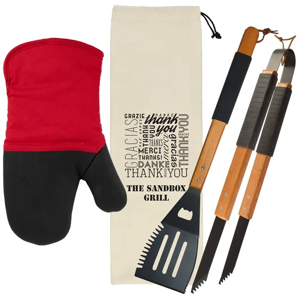 Wood BBQ Set with Mitt - Thank You - Wood BBQ Set with Mitt - Thank You - Image 0 of 5