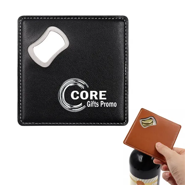 Square PU Leather Coaster with Bottle Opener - Square PU Leather Coaster with Bottle Opener - Image 0 of 3