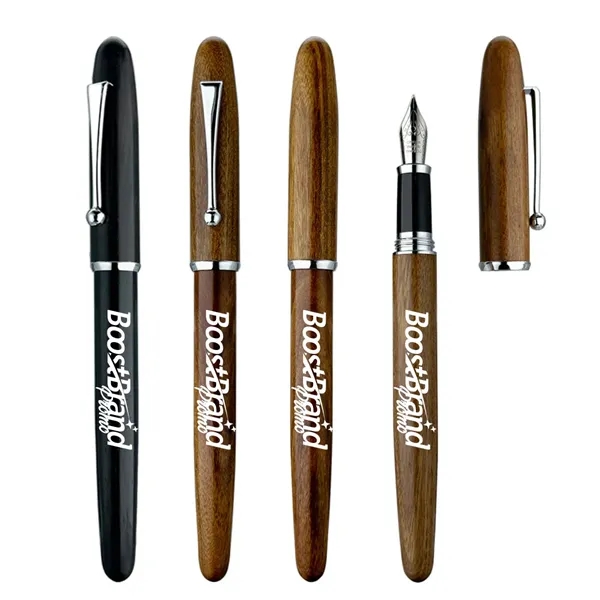 Wooden Fountain Pen w/ Metal Clip Custom Logo Executive Gift - Wooden Fountain Pen w/ Metal Clip Custom Logo Executive Gift - Image 0 of 4