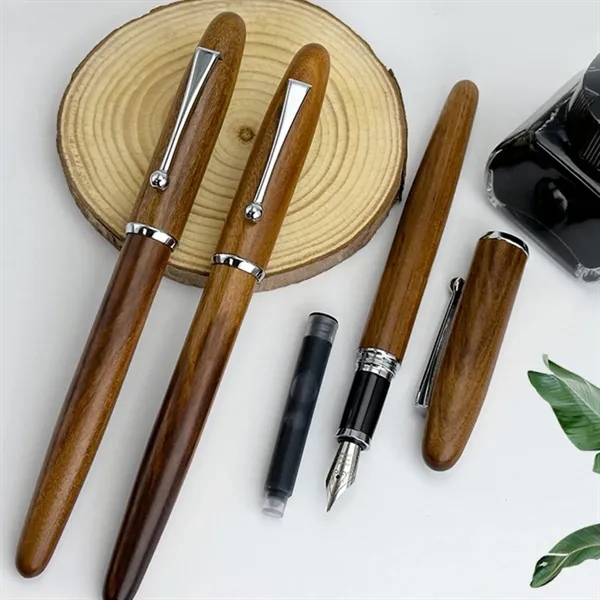 Wooden Fountain Pen w/ Metal Clip Custom Logo Executive Gift - Wooden Fountain Pen w/ Metal Clip Custom Logo Executive Gift - Image 3 of 4