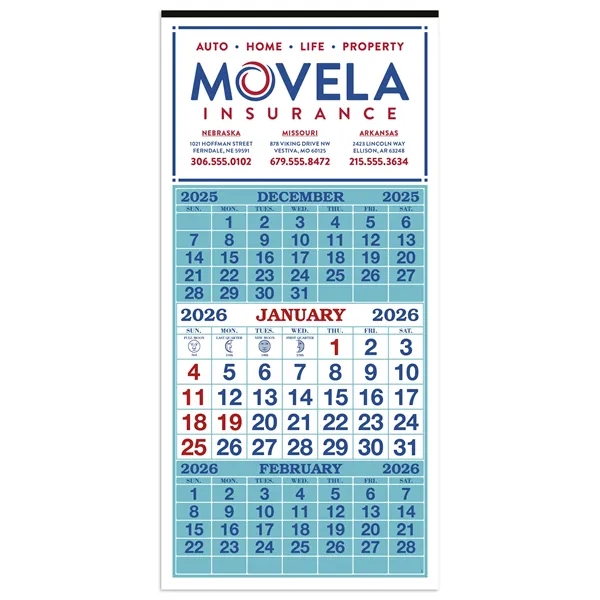 3-Month Display 12-Sheet Calendar