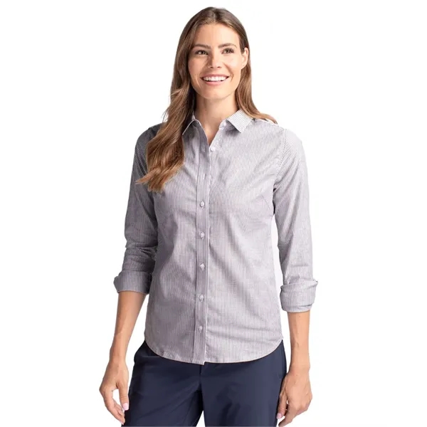 Cutter & Buck Stretch Oxford Stripe Womens Long Sleeve Dr... - Cutter & Buck Stretch Oxford Stripe Womens Long Sleeve Dr... - Image 1 of 7