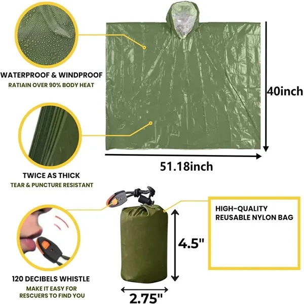 Waterproof Emergency Survival Rain Poncho with Whistle - Waterproof Emergency Survival Rain Poncho with Whistle - Image 1 of 5