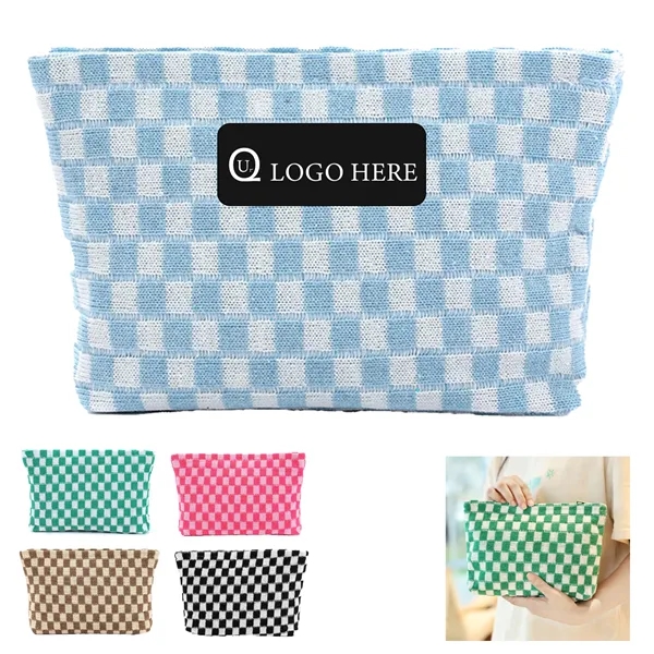 Wool Large Checkered Cosmetic Storage Bag with High Capacity - Wool Large Checkered Cosmetic Storage Bag with High Capacity - Image 0 of 5
