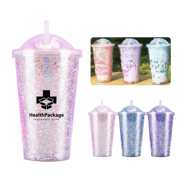 16Oz Glitter Plastic Straw Cup - 16Oz Glitter Plastic Straw Cup - Image 0 of 7