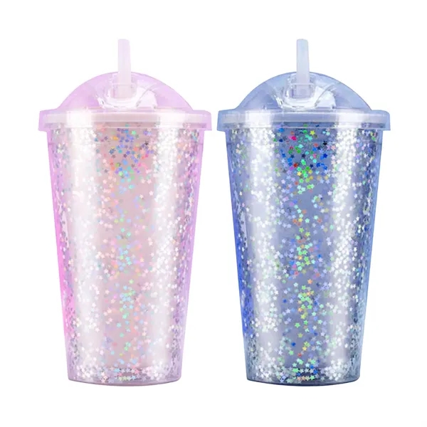 16Oz Glitter Plastic Straw Cup - 16Oz Glitter Plastic Straw Cup - Image 1 of 7