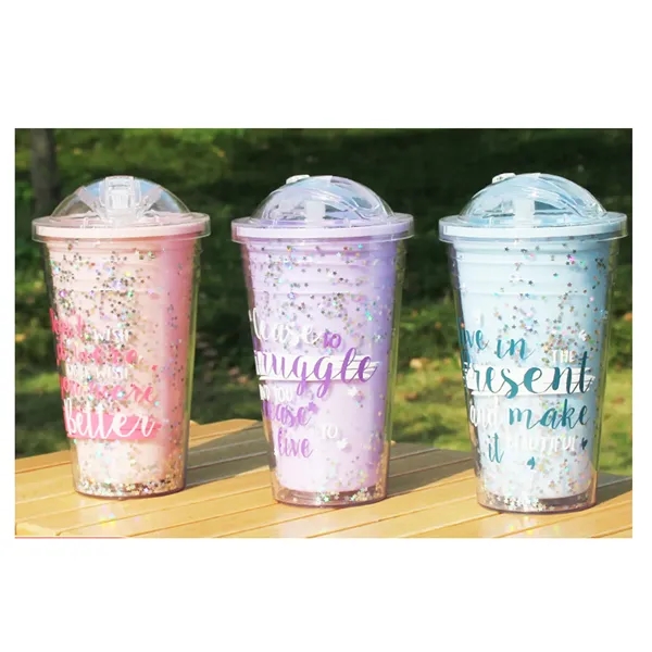 16Oz Glitter Plastic Straw Cup - 16Oz Glitter Plastic Straw Cup - Image 6 of 7