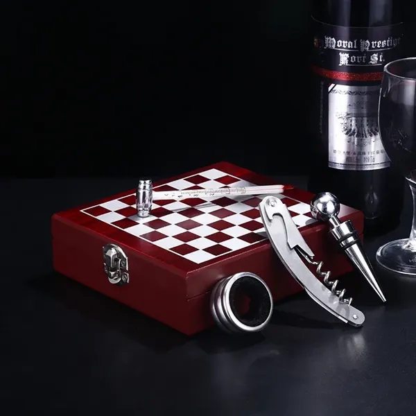 Black Wooden Box Wine Accessories With Chess Set - Black Wooden Box Wine Accessories With Chess Set - Image 2 of 4
