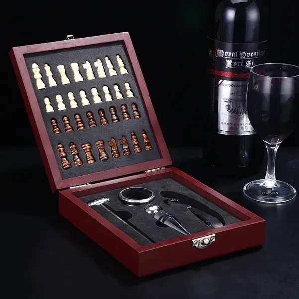 Black Wooden Box Wine Accessories With Chess Set - Black Wooden Box Wine Accessories With Chess Set - Image 3 of 4