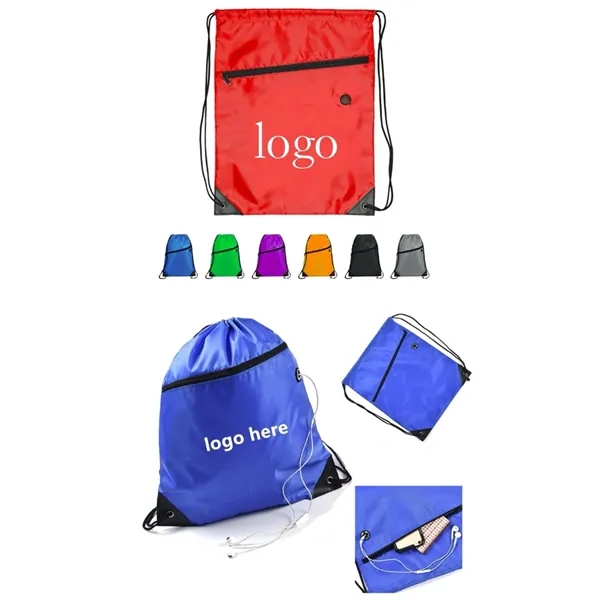 Custom Printed Drawstring Backpacks with Front Zipper Pocket - Custom Printed Drawstring Backpacks with Front Zipper Pocket - Image 0 of 1