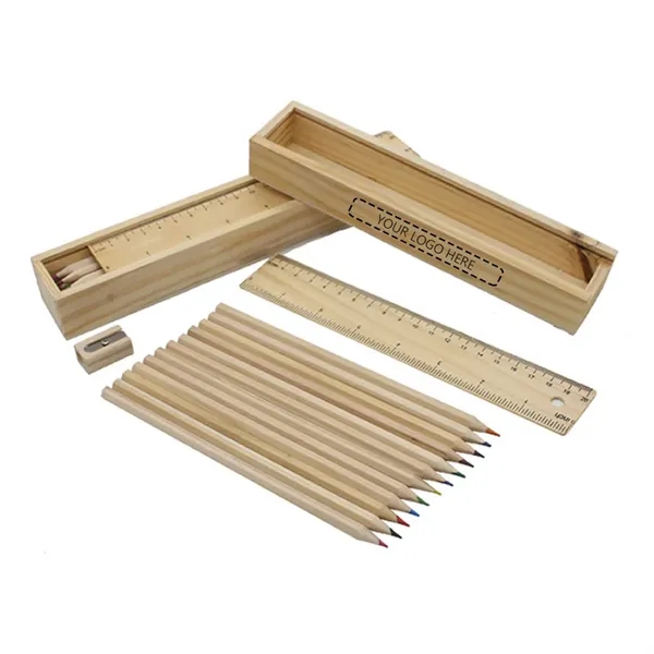 12- Piece Colored Pencil Set In Wooden Ruler Box - 12- Piece Colored Pencil Set In Wooden Ruler Box - Image 0 of 2