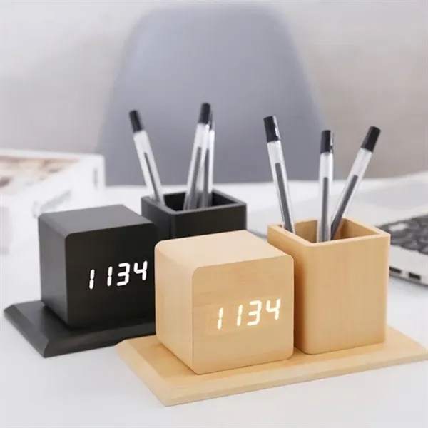 Wooden Multifunctional Pen Holder Alarm Clock - Wooden Multifunctional Pen Holder Alarm Clock - Image 2 of 3