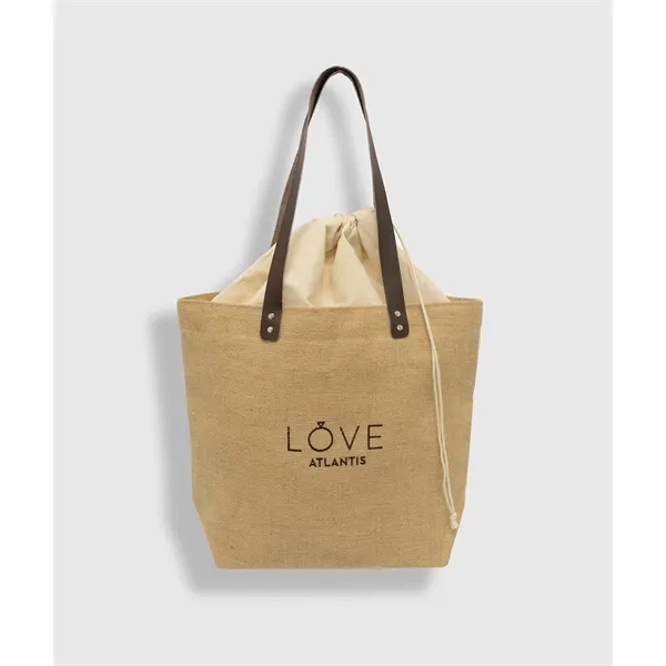 Embroidered Burlap Tote with Leather Handles - Embroidered Burlap Tote with Leather Handles - Image 1 of 3
