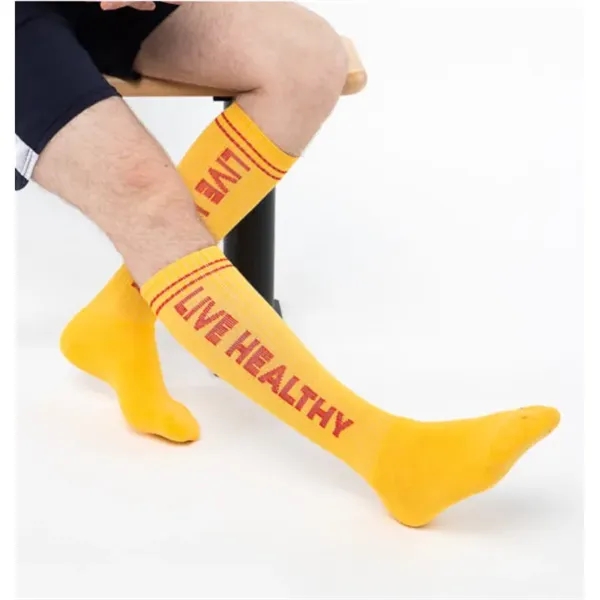 Made in the USA Full Cushion Knee Hi Socks with Knit-In Logo - Made in the USA Full Cushion Knee Hi Socks with Knit-In Logo - Image 1 of 1
