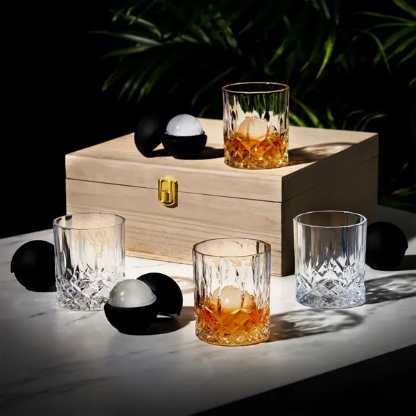 Crystal Liquor Glass And Ice Sphere Wood Box Set - Crystal Liquor Glass And Ice Sphere Wood Box Set - Image 1 of 2