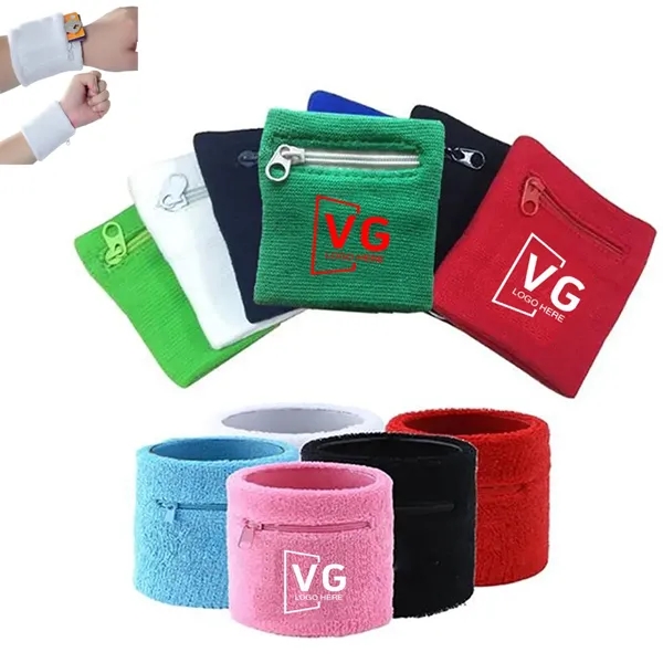 Cotton Sweatband Sport Elastic Wristband With Zipper Pocket - Cotton Sweatband Sport Elastic Wristband With Zipper Pocket - Image 0 of 1