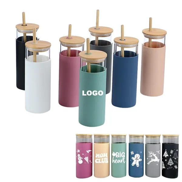 17oz Glass Tumbler with Bamboo Lid Straw Silicone Sleeve - 17oz Glass Tumbler with Bamboo Lid Straw Silicone Sleeve - Image 0 of 4