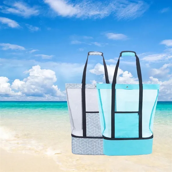 Mesh Beach Tote With Cooler Compartment Zipper Pocket - Mesh Beach Tote With Cooler Compartment Zipper Pocket - Image 4 of 4