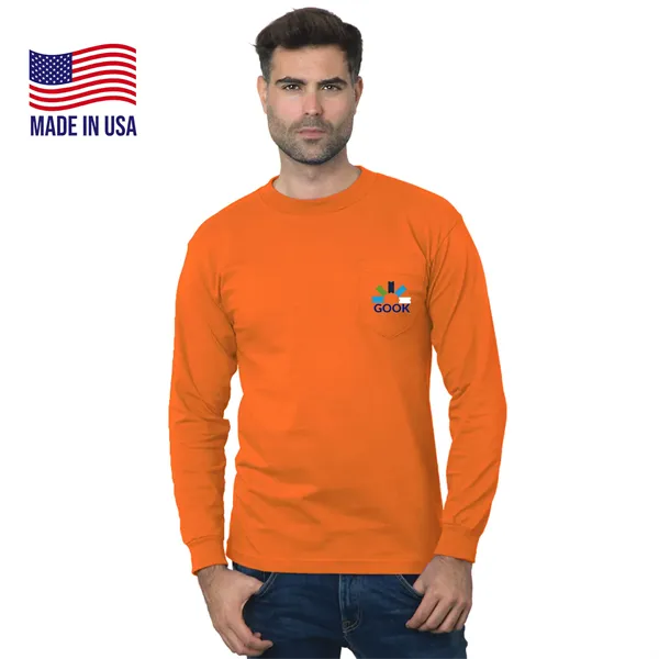 USA-Union Made Pre-Shrunk Long Sleeve Pocket Crew Tee Shirt - USA-Union Made Pre-Shrunk Long Sleeve Pocket Crew Tee Shirt - Image 0 of 12