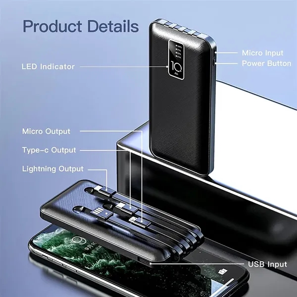 10000mAh Slim Power Bank with Built-In 4 Cables - 10000mAh Slim Power Bank with Built-In 4 Cables - Image 2 of 6
