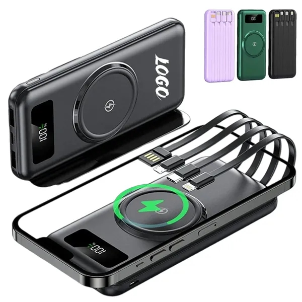 10000mAh Slim Wireless Power Bank with 4 Built-in Cables - 10000mAh Slim Wireless Power Bank with 4 Built-in Cables - Image 0 of 6